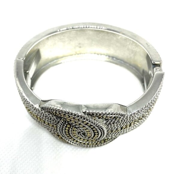 Knot Braided Clamper Bangle Bracelet Silver Tone & Gold Accent Filigree Jewelry - Picture 4 of 7